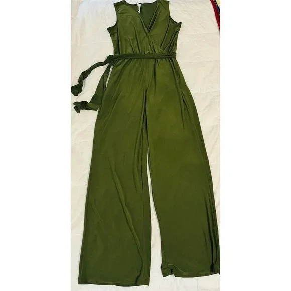NY Collection Women's Olive Green Sleeveless Wrap Jumpsuit with Belt Size P/S - Picture 2 of 7